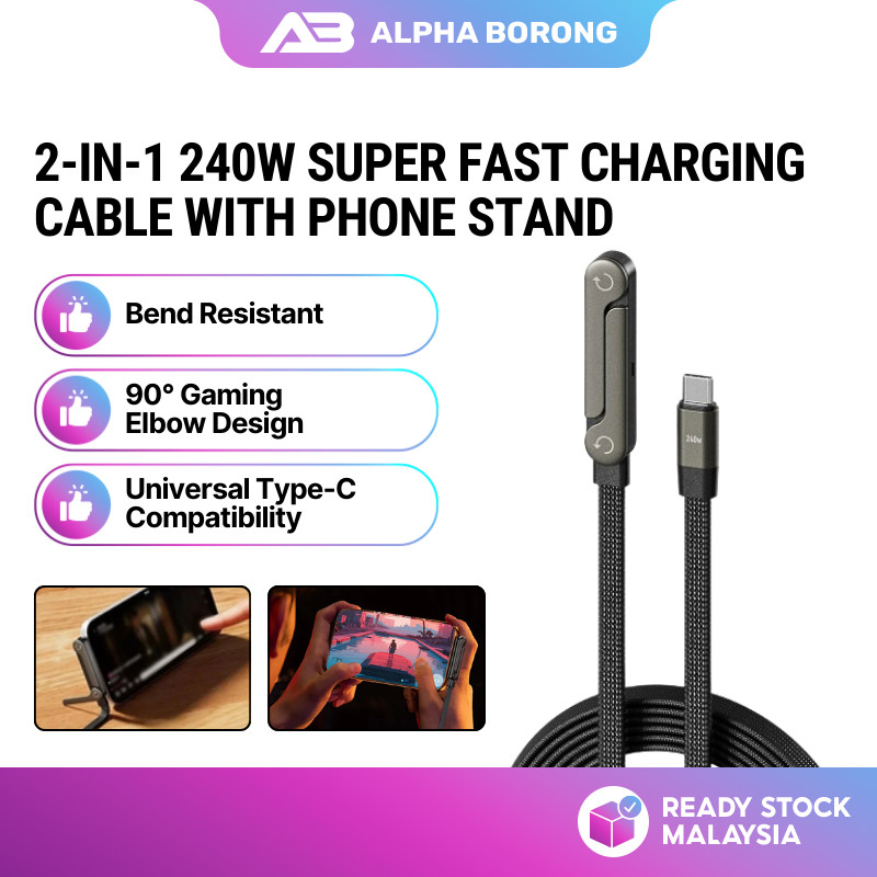 Alpha Borong 240W Fast Charging Cable Foldable Stand Type C to C Braided Smart Chip Compatible