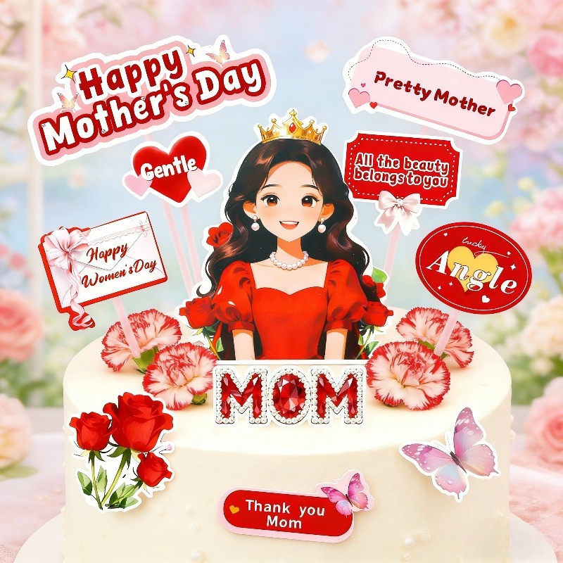 Happy Mother's Day Cake Topper Set – Red Dress Mom Figure with Crown & Heartfelt Slogans