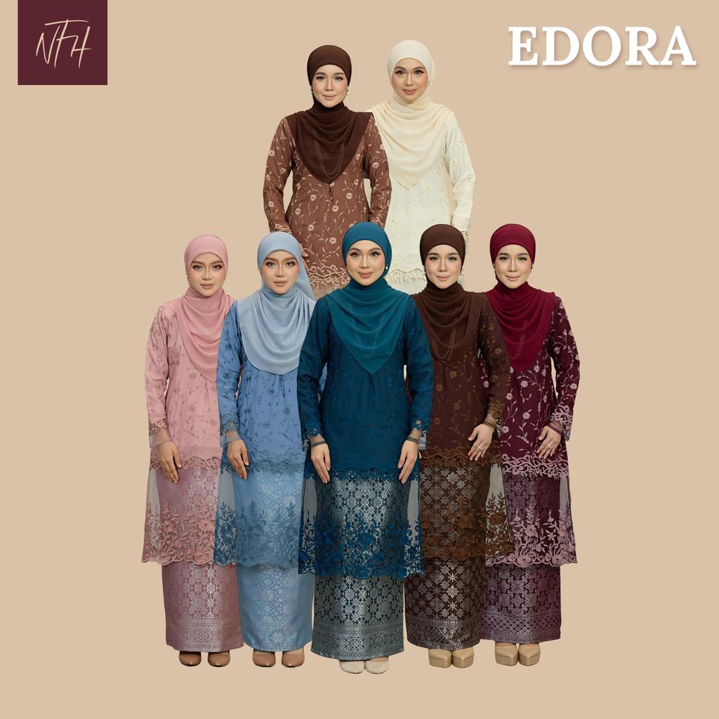 NFH - EDORA baju kurung cantik moden material Cotton tulle lace embroidery with lining + kain songket