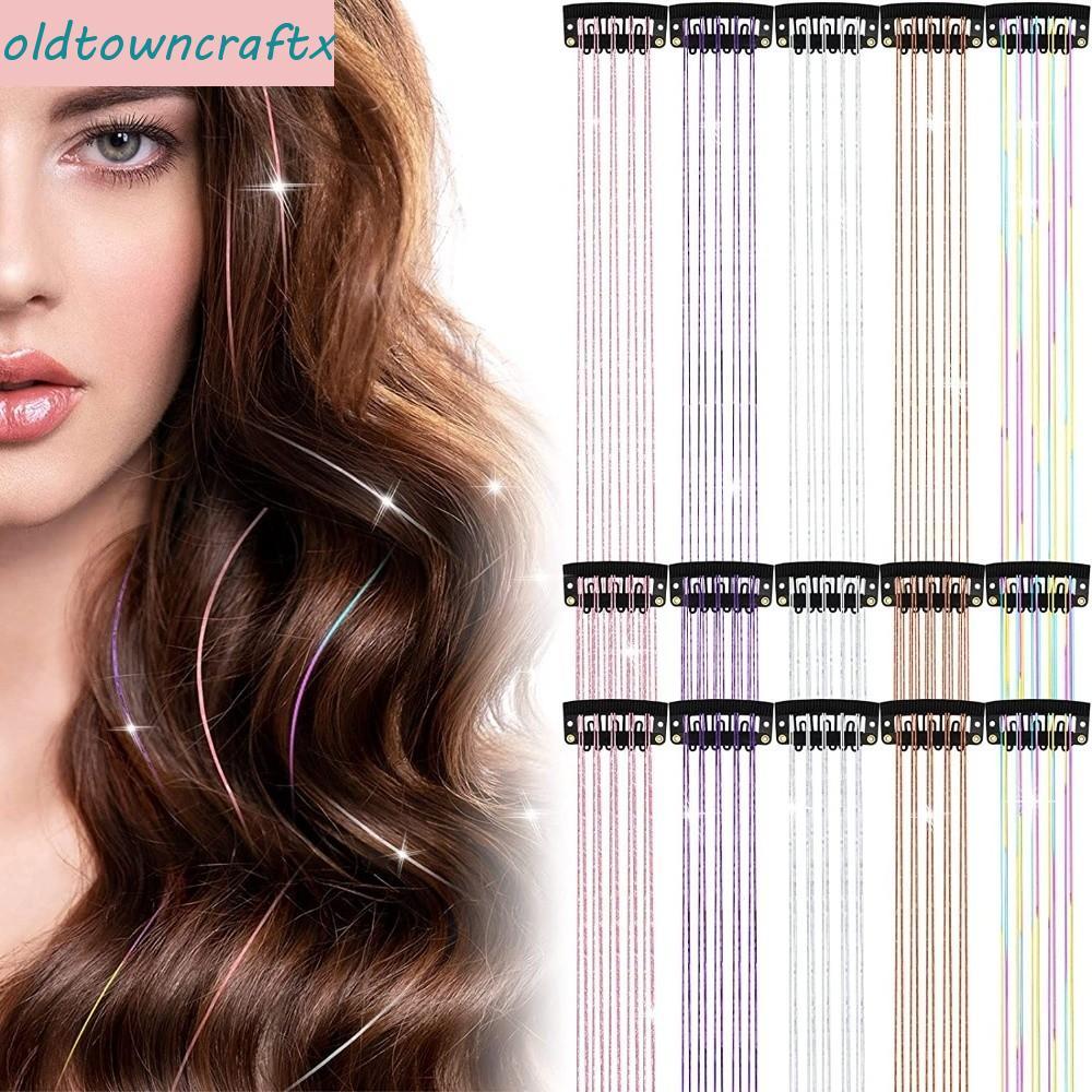 OLDTOWNCRAFTX Clip in Hair Extensions, Colored Fairy Hair Hair Highlights, Fashion Synthetic Shiny Highlights Clip Hair Tinsel for Daily Use Party Christmas