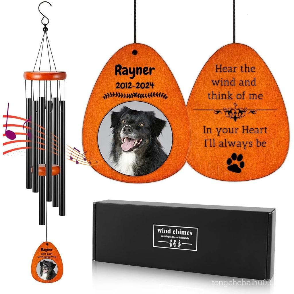 Hadiah Peringatan Anjing Peribadi untuk Kehilangan Anjing - Loceng Angin Simpati Tersuai dengan Foto & Nama 26"32"36" Kenang-kenangan Kematian Luar untuk Taman atau Teras(Blcak)