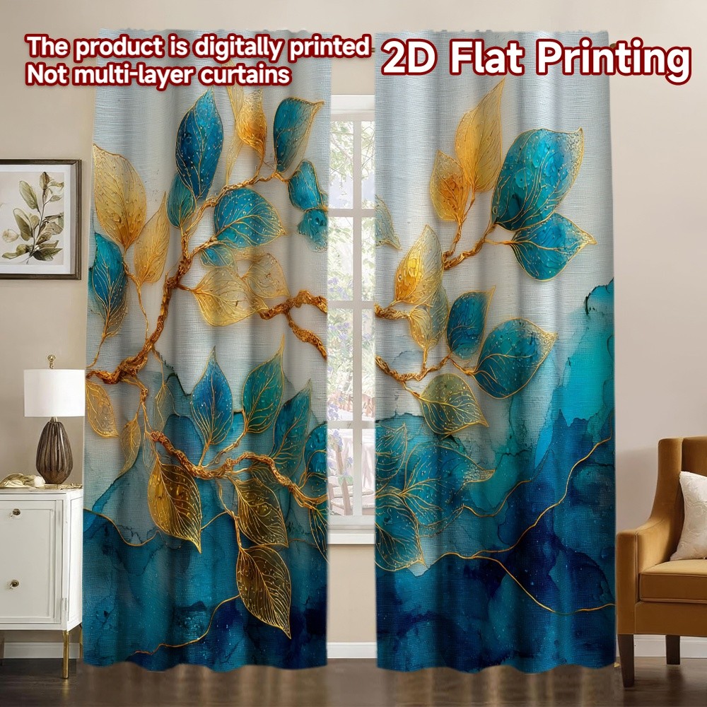 2D FLAT PRINTING 2pcs Curtains (Without Rod) Oceanic Leaf Design Modern Curtains&Drapes Versatile Polyester Fabric Curtains All Seasons Decorative for Bedroom, Living Room, Office