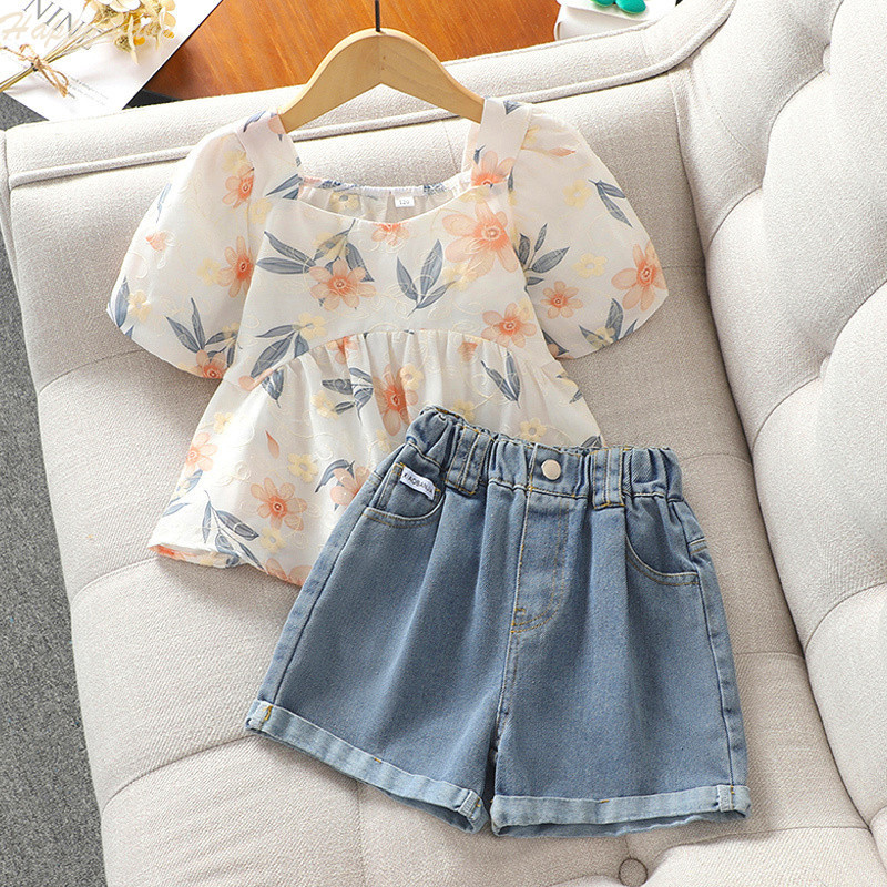 Foreign Style Influencer Suit Two-Piece New Style Summer Top Children Fashionable Denim French Girl Clothing Girl