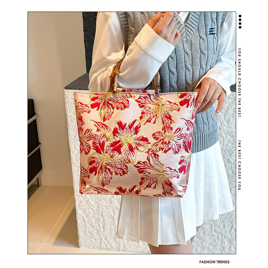 New Chinese Style Retro Floral Hanfu Large Capacity Women's Handbag Trendy Bamboo Handle Tote Bag New Year Bag