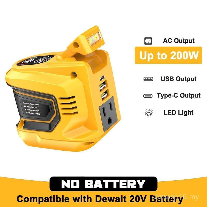 200W Power Inverter for Dewalt 20V Battery, Battery NOT Included, DC 20V to AC 110-120V Battery Inverter, Portable Power Station Generator with 2 USB Ports & 1 Type-C & 1 AC Outlet