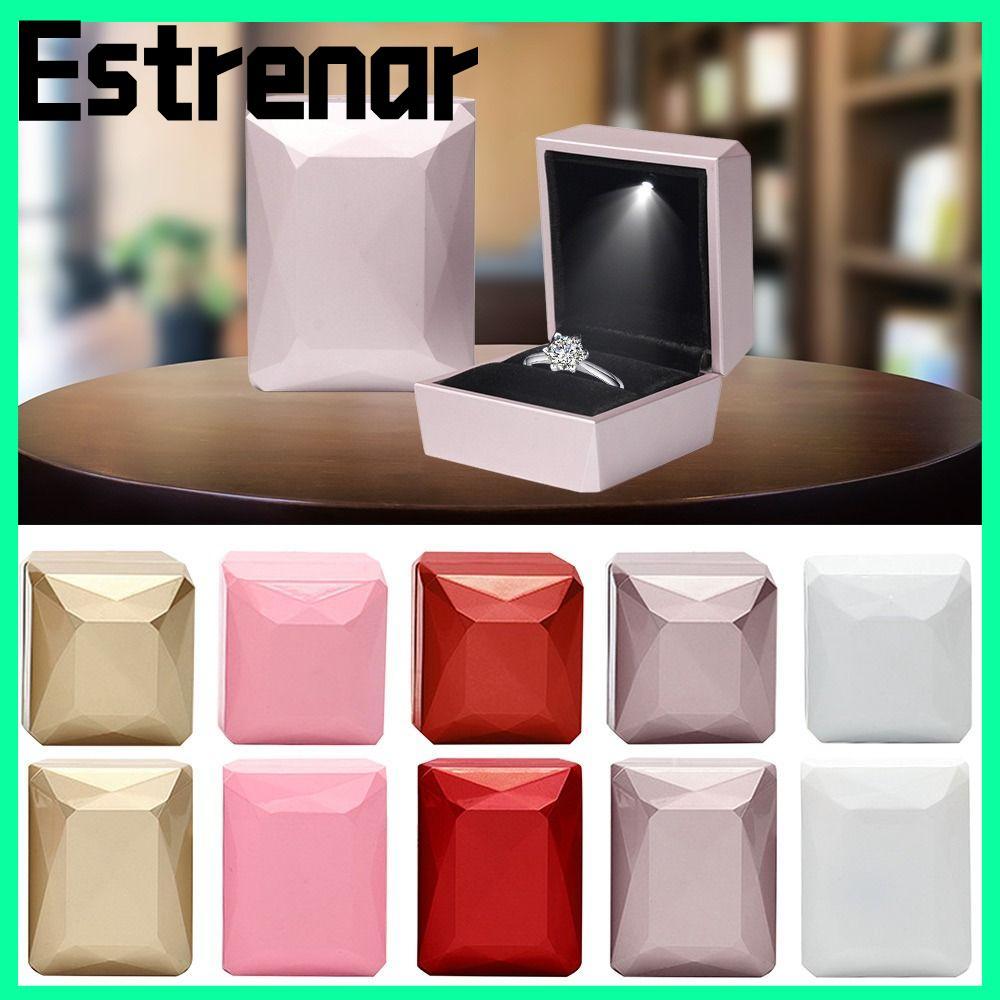 ESTRENAR Jewelry Storage Box, Baking Paint Round Edge Earrings Ring Display , Fashion Diamond with LED Light Pendant Necklace Organizer for Proposal