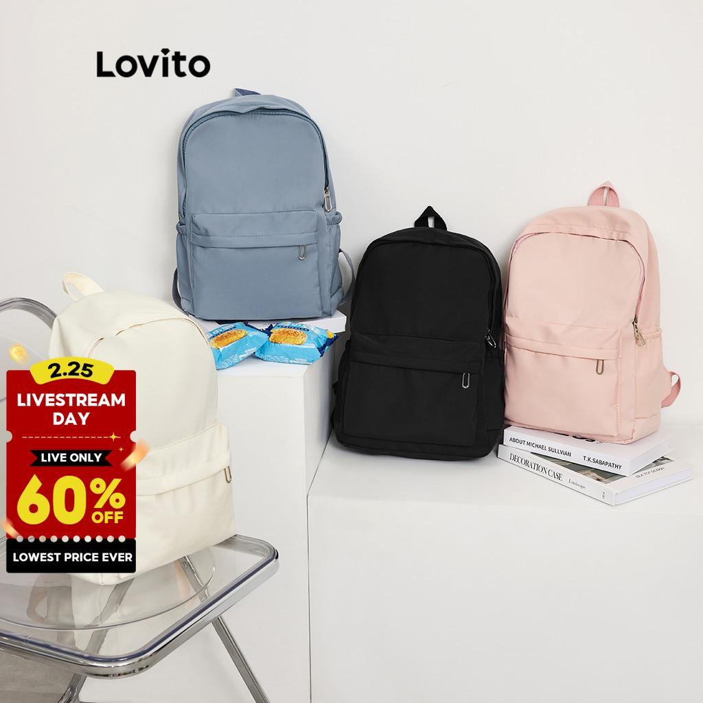 Lovito Preppy Backpack Plain Colorblock Double Shoulder Strap Multi-pocketed Backpacks for Women L41BA05 (White/Pink/Blue/Black)