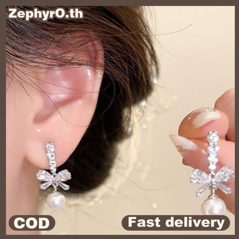 null Exquisite Bow Pearl Drop Dangle Earrings For Women Bling Zircon Bowknot Stud Earrings Girl Wedding Party Sweet Jewelry null