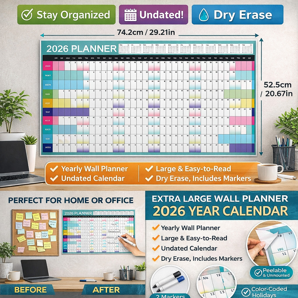 【2026 Wall Calendar】English Yearly Planner Family Event Tracking Wall Hanging Schedule Organizer Holiday Gift For Family Friend Office School