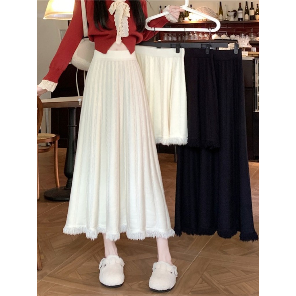2026 Autumn Winter New Style High-End Fringed Knitted Skirt Plus Size Women's Clothing Fat mm Mid-Length a-Line Wool Skirt