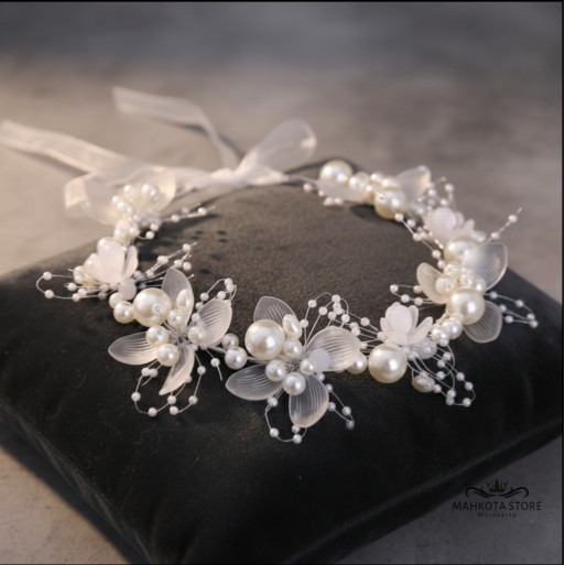 Elegant Pearl Flower Bridal Crown - Adjustable Bridal Wedding Hair Accessories with Ribbon