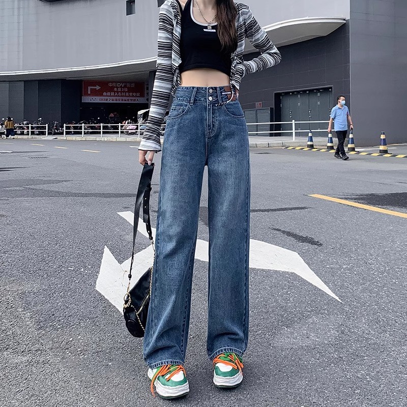 Early Autumn New Style Retro Blue Wide-Leg Jeans Women High Waist Pear-Shaped Narrow Version Slimmer Look Loose Drape Stra