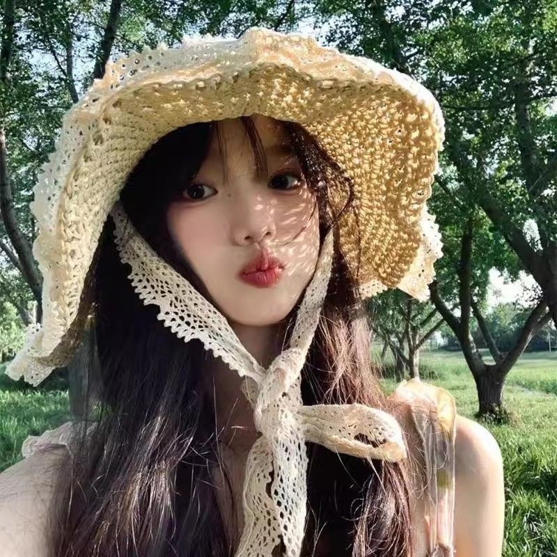 Straw Hat Laced-up Hollow Straw Hat Women Summer Travel Sunscreen Beach Seaside Sun Hat Women's Sun Hat