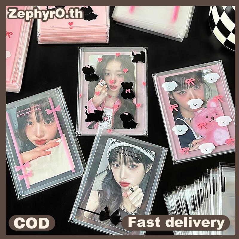 null 50Pcs Transparent Cute Bow Self-adhesive Opp Bag Kpop Idol Photo Cards Protective Storage Bag Photocard Card Sleeves null