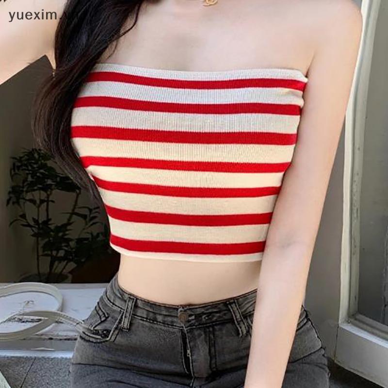 null Summer Striped Knitted Camisole Women Sexy Sleeveless Strapless Slim Crop Top null
