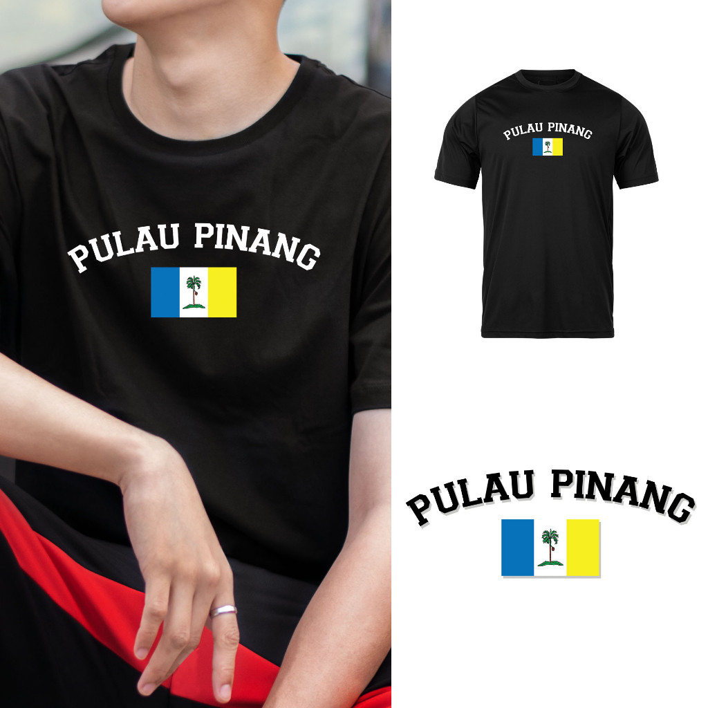 Cotton Pulau Pinang Curved Text with Flag Graphic Tee 100% Cotton Short Sleeve Unisex T-Shirt Baju Fashion