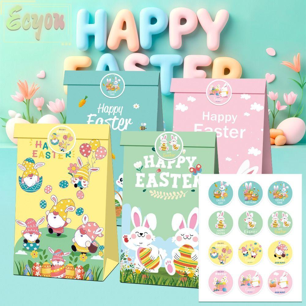 ECYOU 12PCS Happy Easter Gift Bags, Kraft Paper Multicolor Packaging Bag, Creative Mixed Pattern Cartoon Rabbit Flower with Seal Sticker Packing Bag Party Supplies