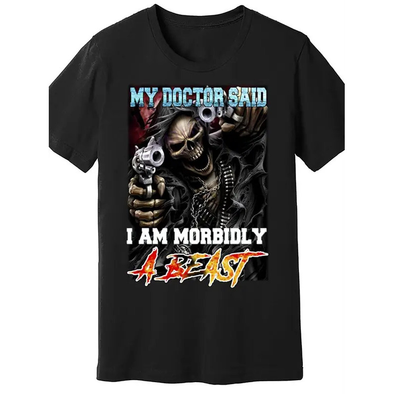 T-Shirt Kapas Hitam Lelaki Doktor Saya Kata Saya Sakit Seperti Corak Tengkorak Binatang Kasual Leher Krew Lengan Pendek