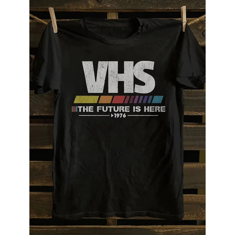 Men's Vintage VHS T-Shirt Retro 80s Cotton 1 Short Sleeve Cassette Pattern With Striped Logo