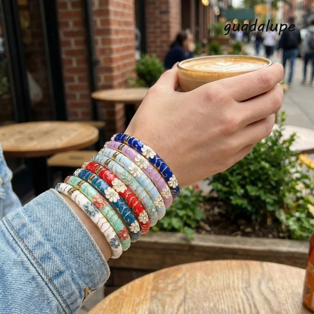GUADALUPE Chinese Flower Bangle, Enamel Traditional Vintage Cloisonne Bangle, Handicraft Classic Ethnic Big Floral Women's Hand Bracelet Jewelry Gifts