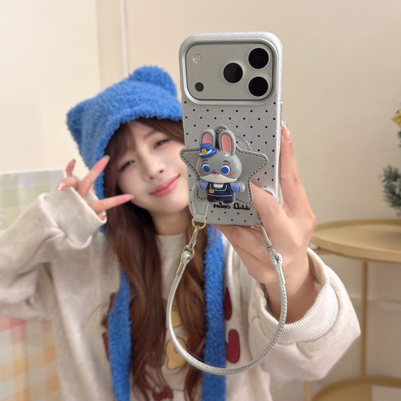 Cartoon Animal City 3D Stand Phone Case Suitable for iphone 17PROMAX 17 16 15 14 Plus 13 12 11 Pro Max Leather Rope Casing