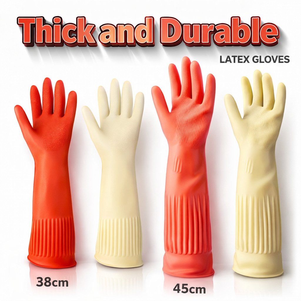 【38-45CM】Thickened Lengthened Korea Cleaning Gloves Dishwashing Rubber Glove Natural Latex Pvc Sarung Tangan Getah橡胶乳胶手套