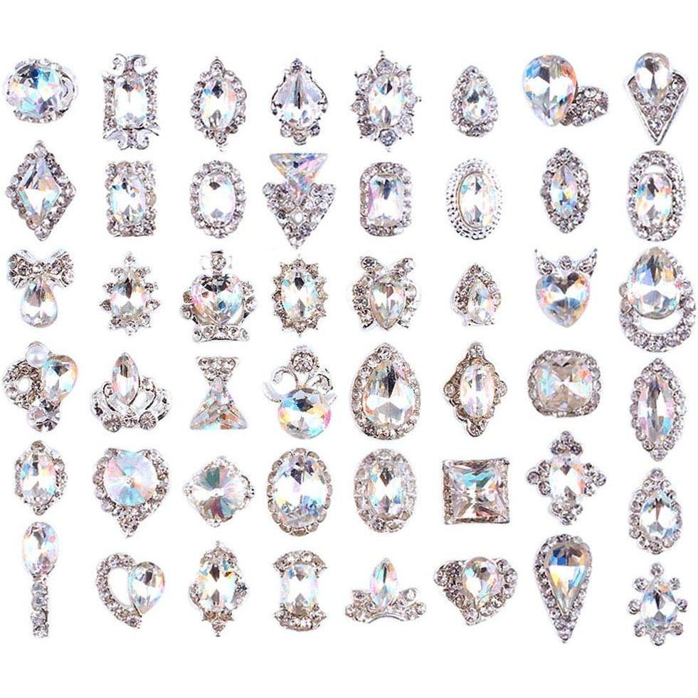 48PCS 3D Rhinestones Seni Kuku Mewah Berlian Kuku Kristal Kaca AB Permata Logam Batu Permata untuk Reka Bentuk Seni Kuku DIY, Hiasan, Kraf, dan Pembuatan Barang Kemas