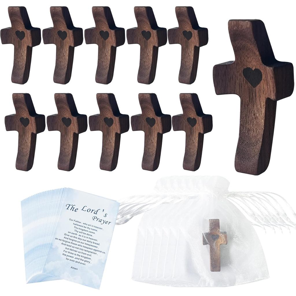 Kintyno 12PCS Salib Kayu, Salib Poket dalam Kuantiti Banyak - 12 Pek dengan Beg Organza & Kad, Salib Kayu Walnut 2" Hadiah "My Heart", Salib Kayu Kecil untuk Doa, Keselesaan & Dorongan
