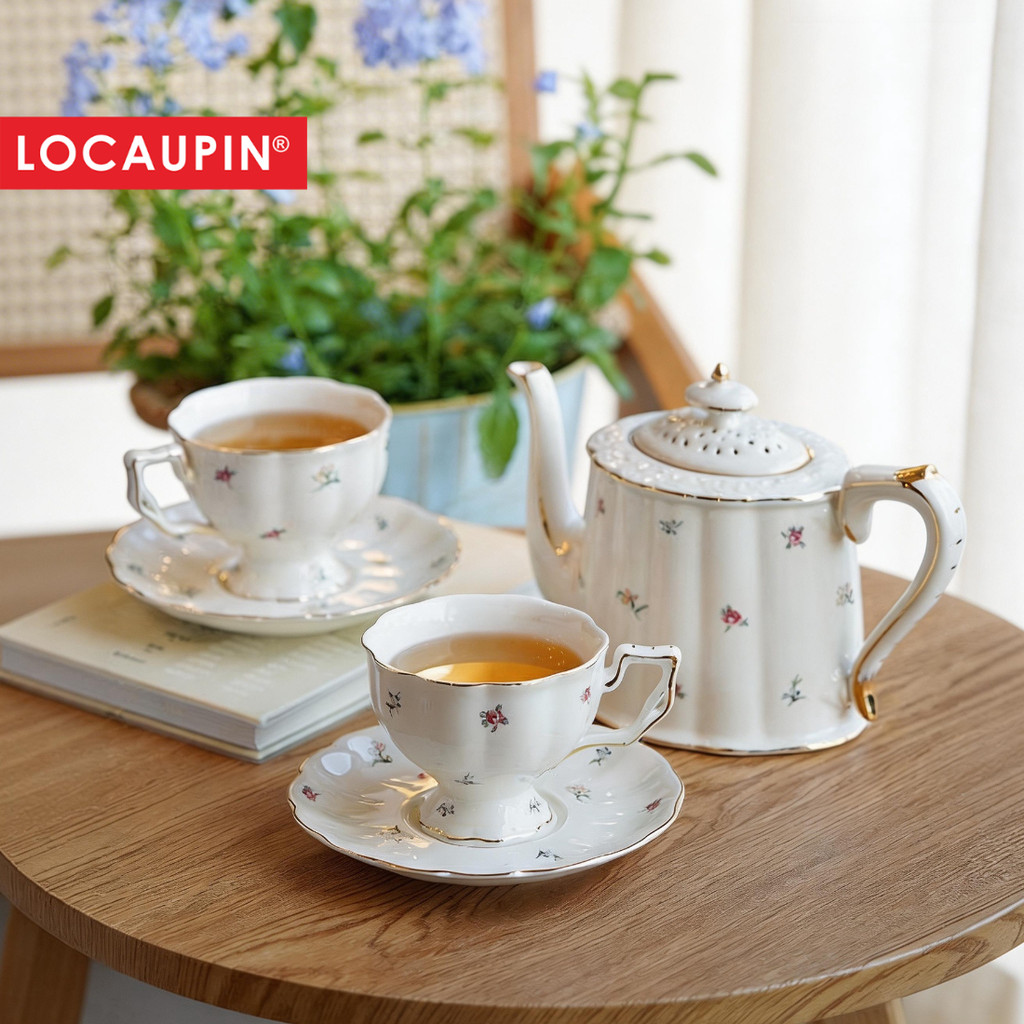 Locaupin Ceramic Tea Pots,Coffee Pots,European Ceramic Vintage Coffee Cups with Gold Edge Flower Pattern Delicate Design