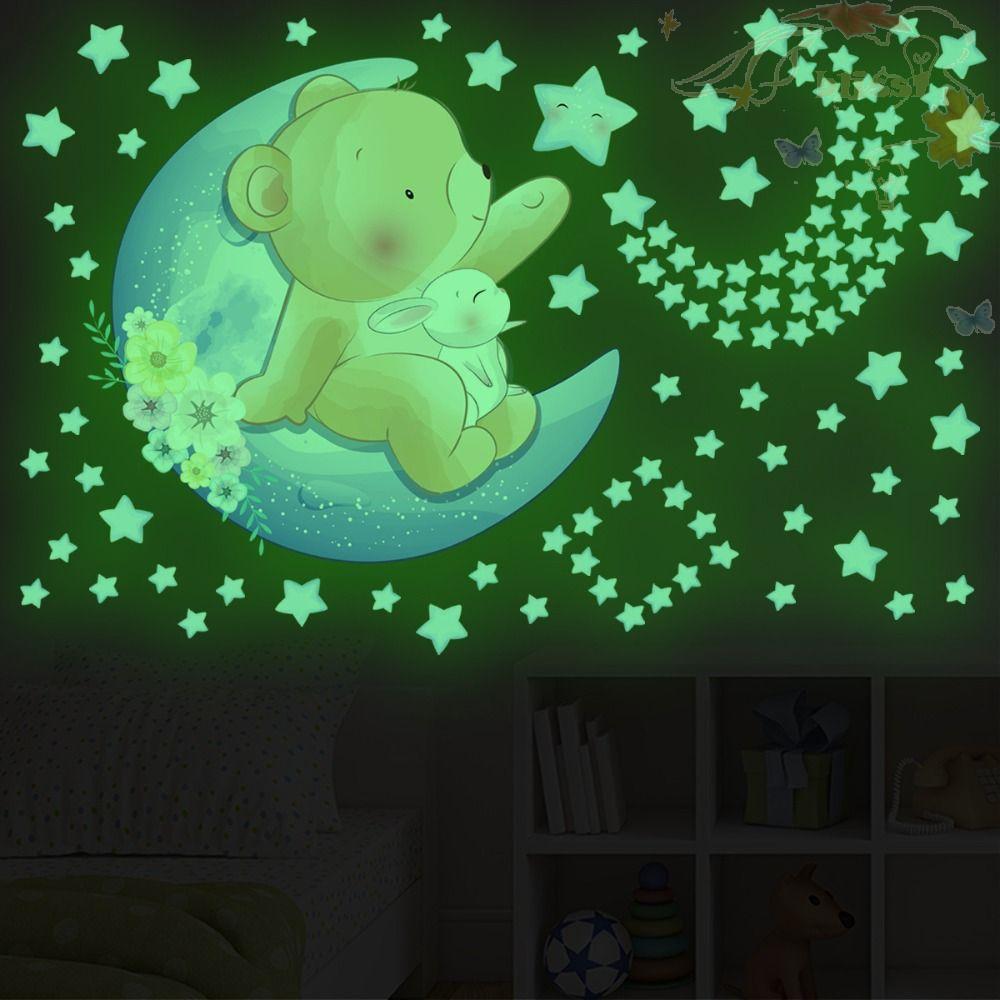 BLISS Nightlight Star Decal In The Dark Waterproof Fashion Fluorescent Sticker Art Mural Children's Room Decor Background Wall Bedroom Ceiling Bear DIY Elephant Wallpaper