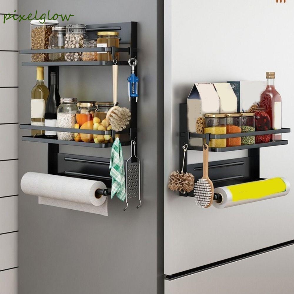 PIXELGLOW Refrigerator Side Storage Rack, Wall Mounted Space Saving Refrigerator Magnetic Shelf, Durable Large Capacity Folding Seasoning Storage Organizer for Kitchen