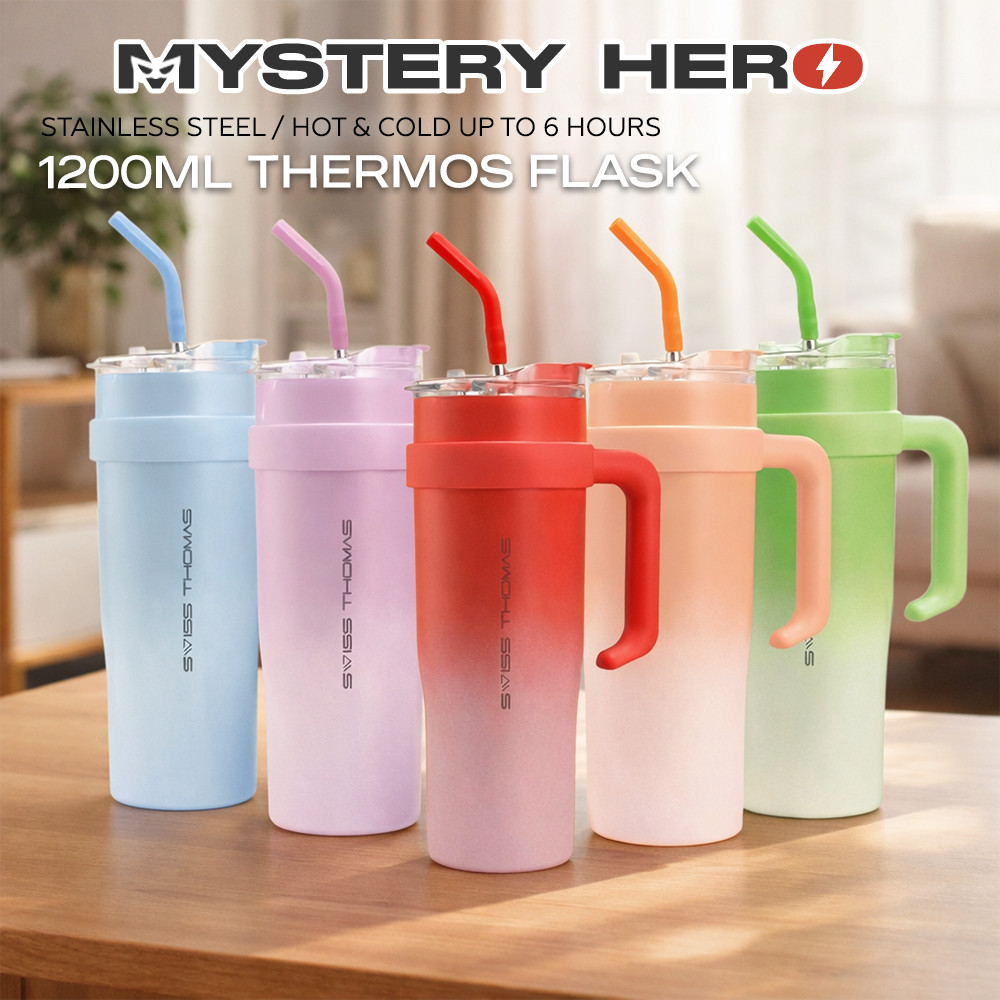 MysteryHero Tumbler Thermos Flask with Handle Straw Mouth Opening Drink 1200mL Stainless Steel 304 Keep Warm Cold Bottle