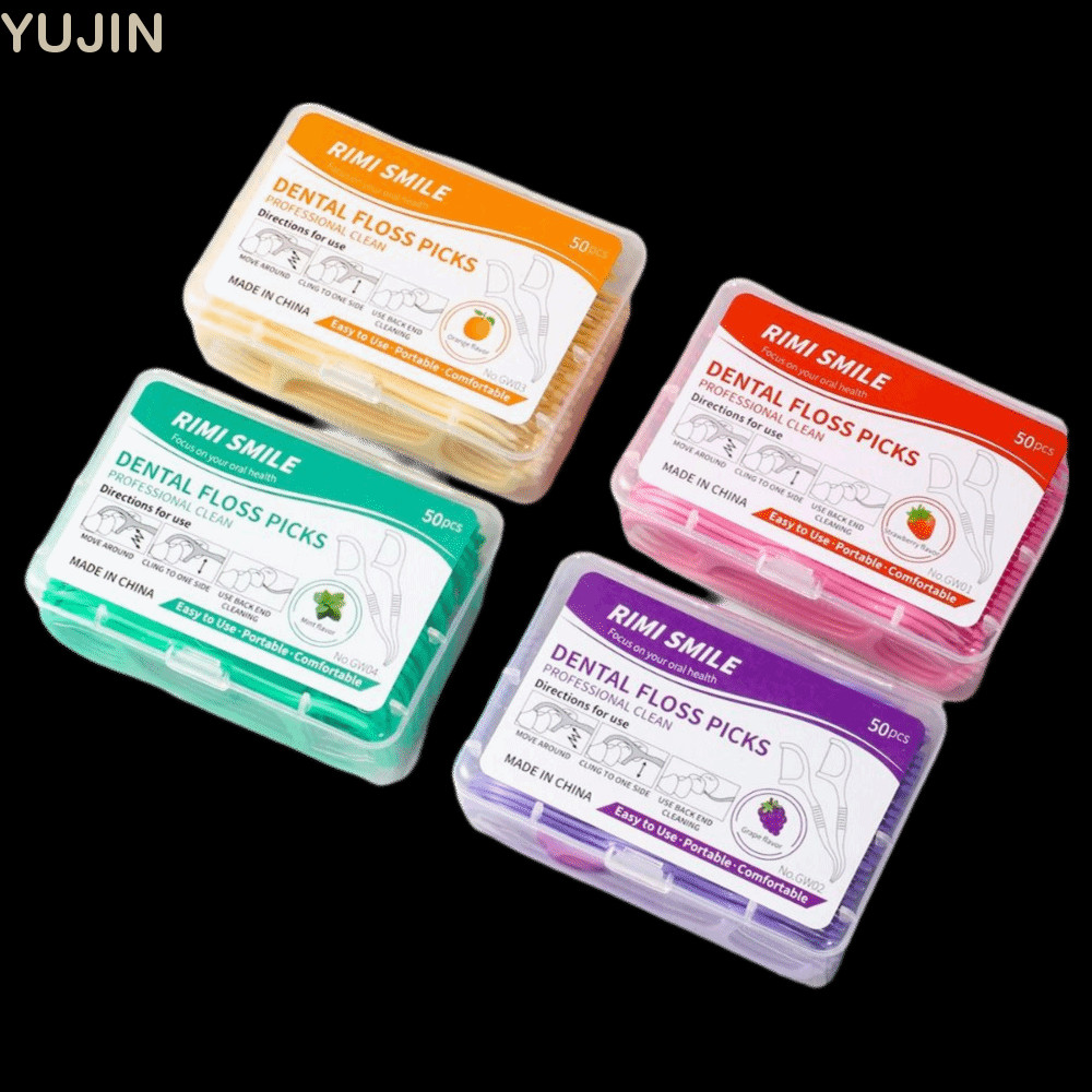 YUJIN  Floss Stick, Portable 4 Flavors Fruit Flavored Floss, High Quality 50 Sticks/Box Gap Cleaning Disposable Teeth Cleaning Tool Oral Care
