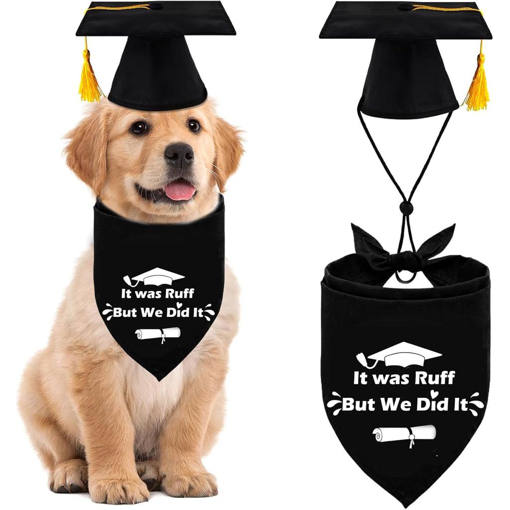Topi dan Jubah Graduasi Anjing 2025 dengan Rumbai Emas, Pakaian Graduasi Anjing, Hadiah, Bandana Graduasi untuk Anjing Kecil, Sederhana, Besar (Ia agak sukar, tetapi kami berjaya membuatnya sebagai bandana).