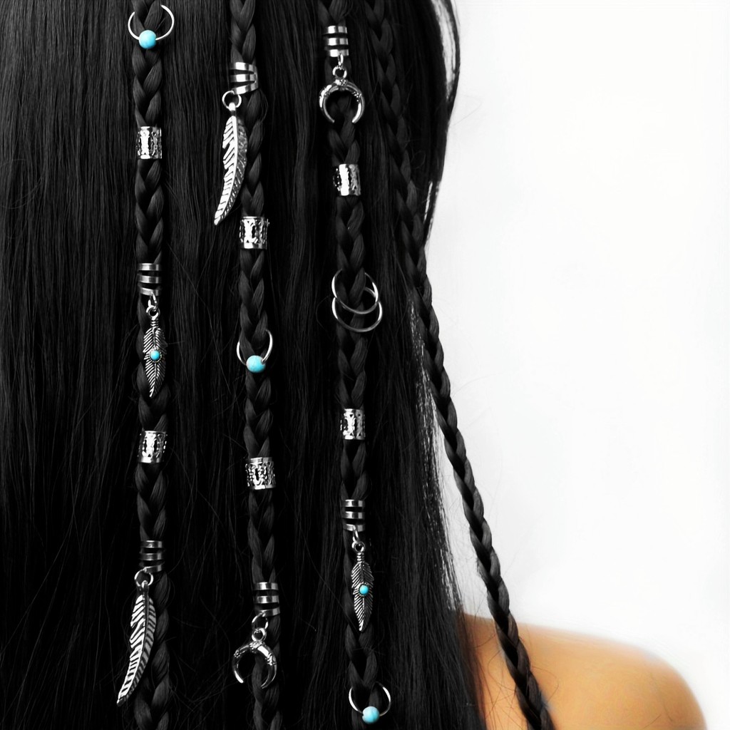 31Pcs Turquoise Pendant Dreadlock Braid Hair Beads Braids Hair Rings Hippie Style Hair Accessories