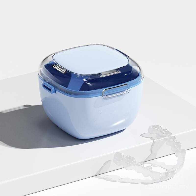 Denture Case Transparent Design Denture Cup with Removable Rinse Basket, Denture Case for Cleaning, Soaking, and Storing Dentures, Mouthguards and Orthodontic Retainers (Light blue