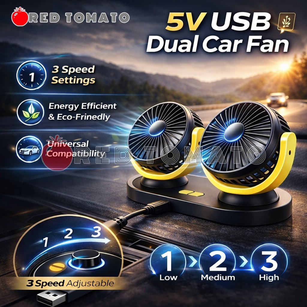 RED TOMATO 12V Car Fan Truck Fan Air Conditioning 3 Speed USB Fan Dual Head Rotating Silent USB Mini Car Fan 汽车风扇 USB风扇