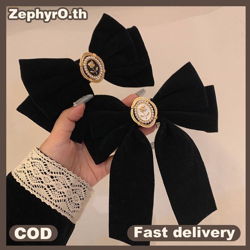 null New Bla Velvet Bow Hair Pins Elegant Fabric Alloy Roses Hair Clips for Women Fashion Ponytail Barrette Heawear Accessories null