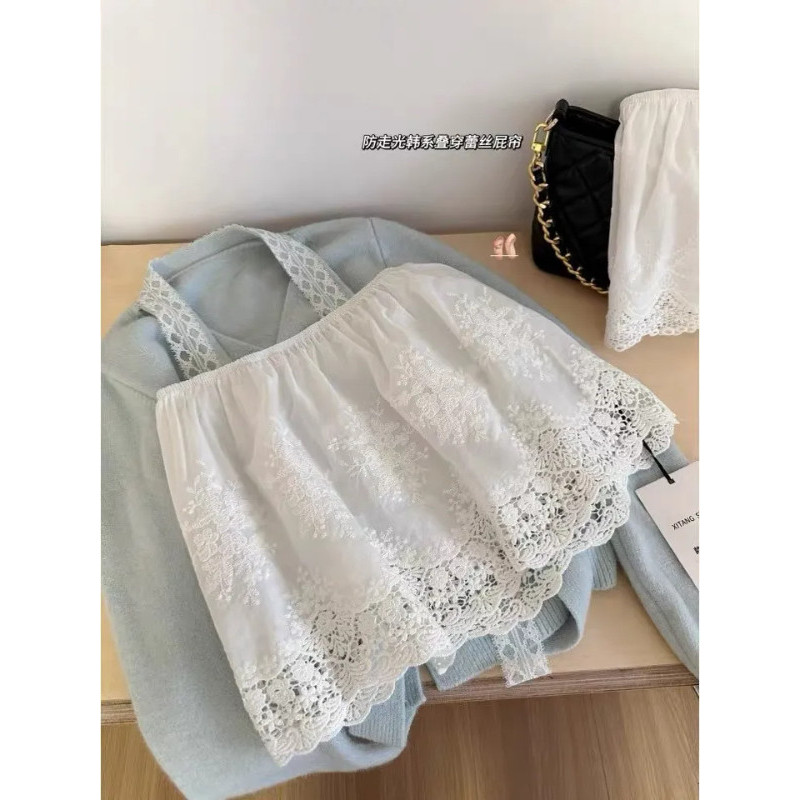Discount Large Size Fashion Design Sense Korean Lace Layered Fart Curtain Skirt Women High Waist Slimmer Look Anti-Glare Short White 730
