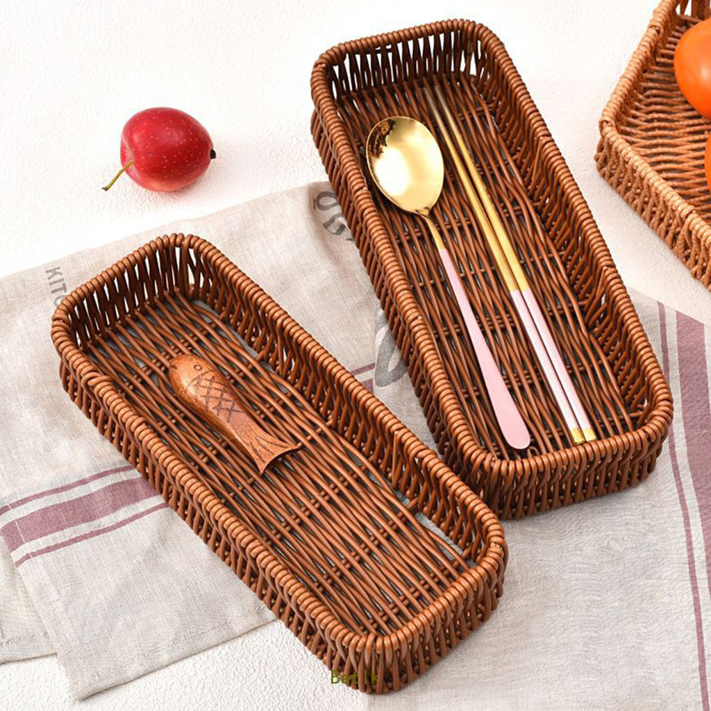 Batik Imitation Rattan Storage Basket Faux Wicker Tray Picnic Breakfast Bread Food Plate Organizer