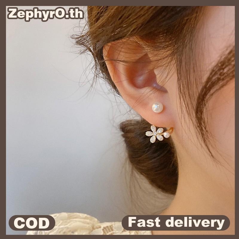 null 1Pair Korean Imitation Pearl Flower Stud Earrings Ladies Fashion Crystal Elegant Jewelry Everyday Party Fish Tail Earrings With Pearl Four Claw Ear Row Earrings Gift null