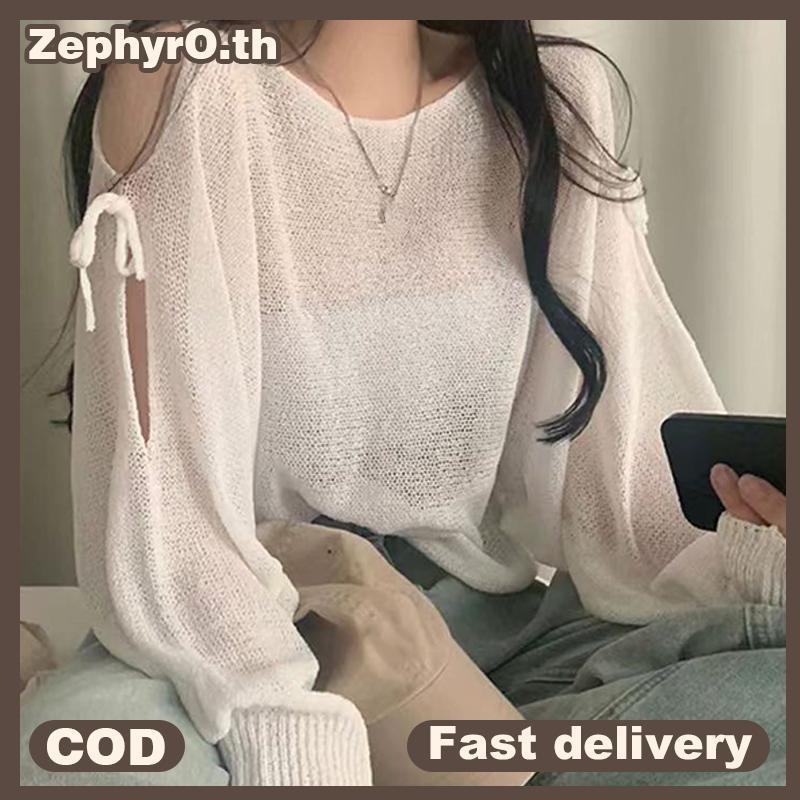 null Korean Thin Hollow Off-shoulder Long Sleeve Loose Casual Knitted Top For Women null
