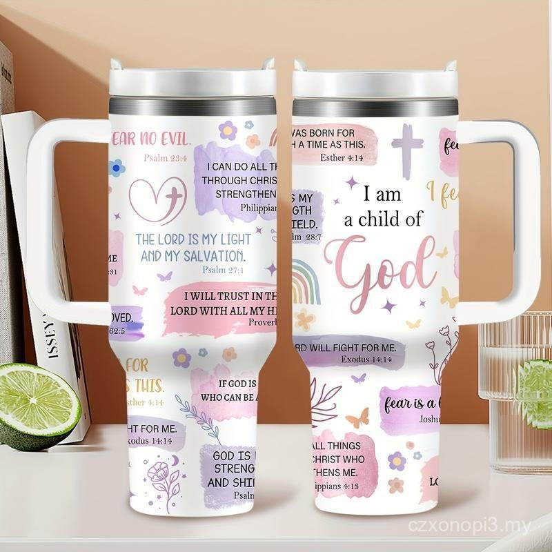 Christian Tumbler 40 Oz BPA Free With Handle & Straw Inspirational Bible Verse Travel Mug For Cars Water Bottles Outdoor Sports Drinkware Flasks Faith Gift Christmas & Thanksgiving