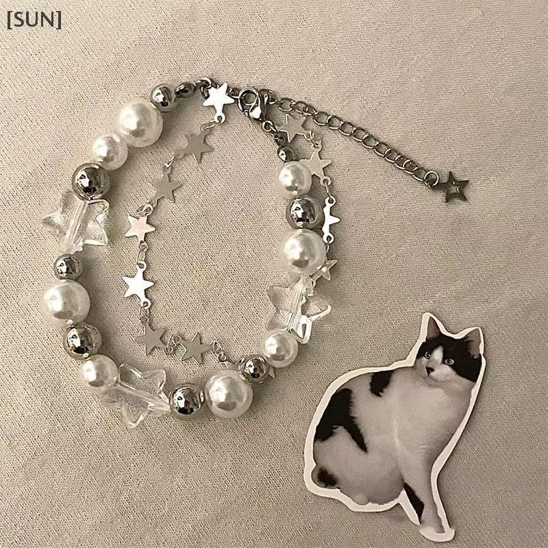 [SUN] Harajuku Star Bracelet Girl Pentagram Pearl Beaded Bangle For Women Vintage Aesthetic Charm Bracelet Accessories Jewelry Gift null