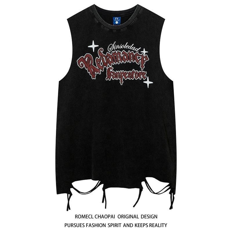 Original Clothes Room · Atelier🔥Super Beautiful🔥R ROMECL Black Sleeveless T-shirt European American Loose Hip Hop Style hiphop Men Women Same Style ins Ripped Tassel Vest