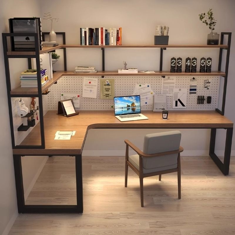 Solid Wood L Shaped Corner Computer Desk Double Study with Pegboard and Bookshelf Combo Workstation for Home