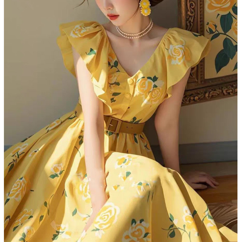 Summer French Yellow Rose Print Sleeveless Dress for Women - Ideal for Beach Vacations