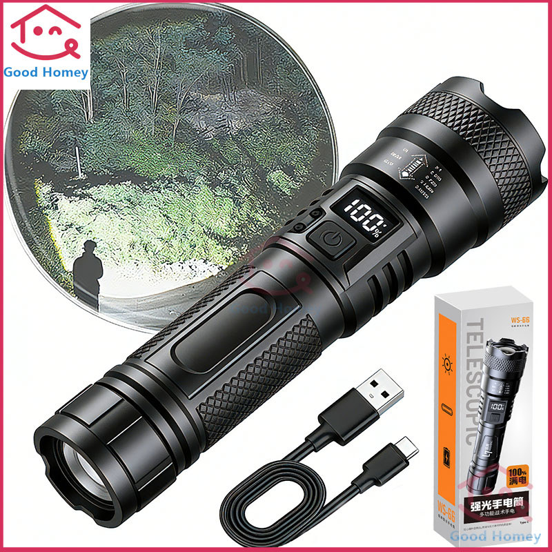 Light up the forest LED Flashlight Lampu suluh terang jarak jauh Zoomable with Power Display USB Rechargeable