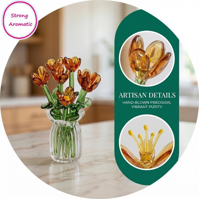 STRO 6/7Pcs Mini Lifelike Glass Flowers Simulation Flowers Handcrafted Floral Sculpture Floral Bouquet With Vase Home Decoration Gift MY