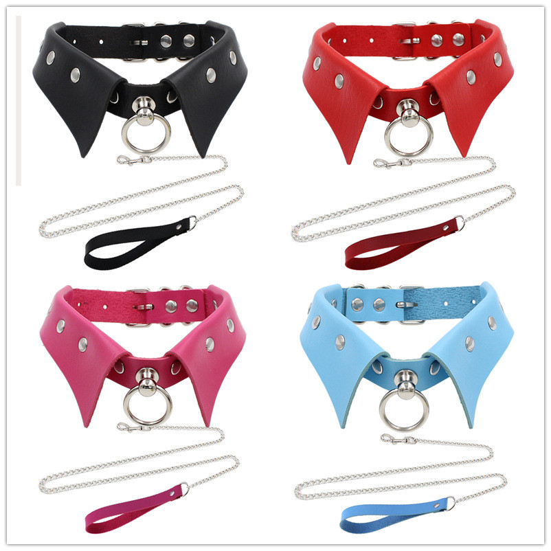 Eco-friendly PU Leather Punk Gothic Style Collar Leash Choker Dog Necklace Ring O-shaped Collar Leash Cosplay Festival Costume